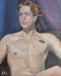 A painting of a man. His top surgery scars and piercings are visible.
