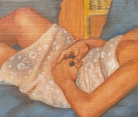 A painting of a person in a cream-colored silk dress leaning in a chair. Only their torso to their knees are visible.