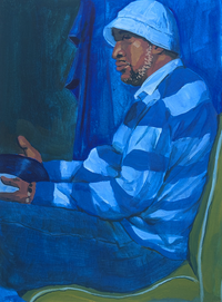A painting of a man in a striped blue shirt, jeans, and a white bucket hat holds a blue vinyl record.