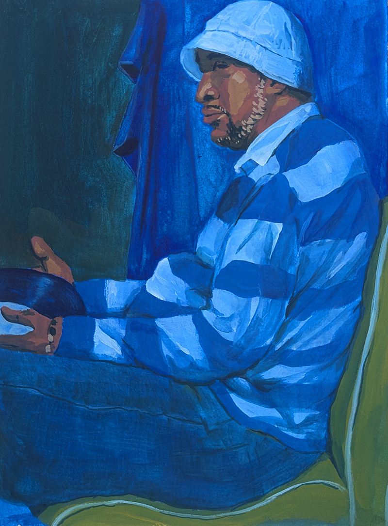 A painting of a man in a striped blue shirt, jeans, and a white bucket hat holds a blue vinyl record.