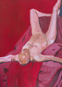 A painting of a man lying down on red sheets.