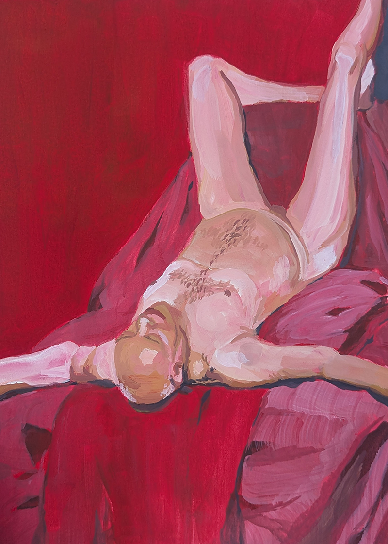 A painting of a man lying down on red sheets.