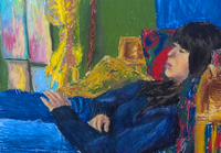 A drawing of a woman reclining on a couch.