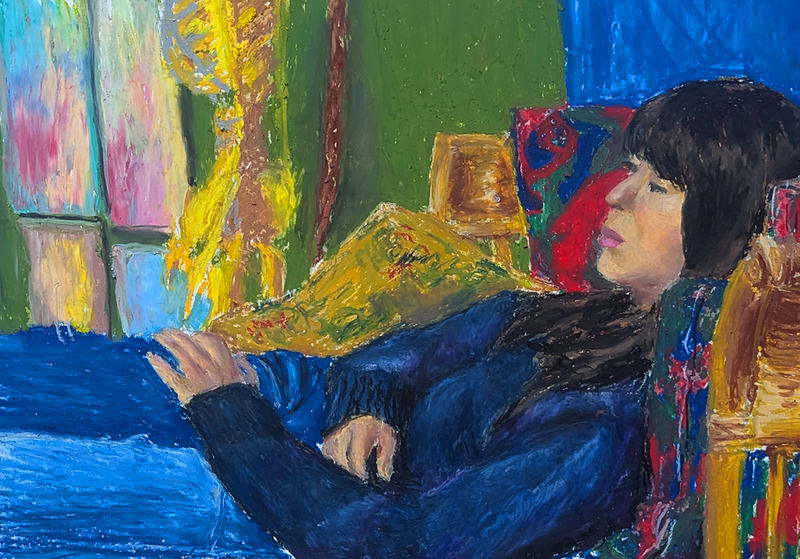A drawing of a woman reclining on a couch.