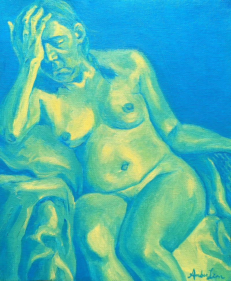 A painting of a woman holding her head in cerulean blue and yellow colors.