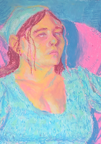 A drawing of a woman looking right. The colors are primarily hot pink and aqua green.