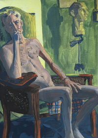 A painting of a man sitting on a chair, leaning his chin on his right hand.