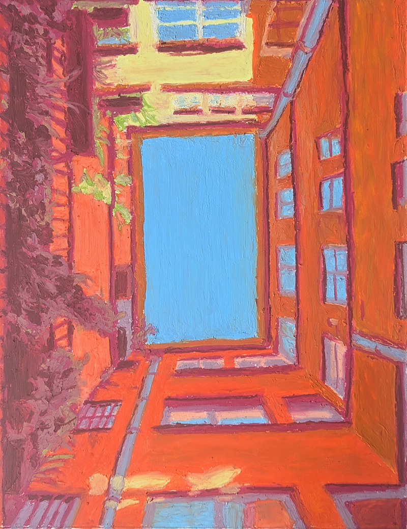 A drawing of the sky from the perspective of a courtyard in an apartment complex.