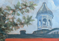 A painting of a bell tower above a rooftop. A leafy tree branch in the foreground obscures part of the view.