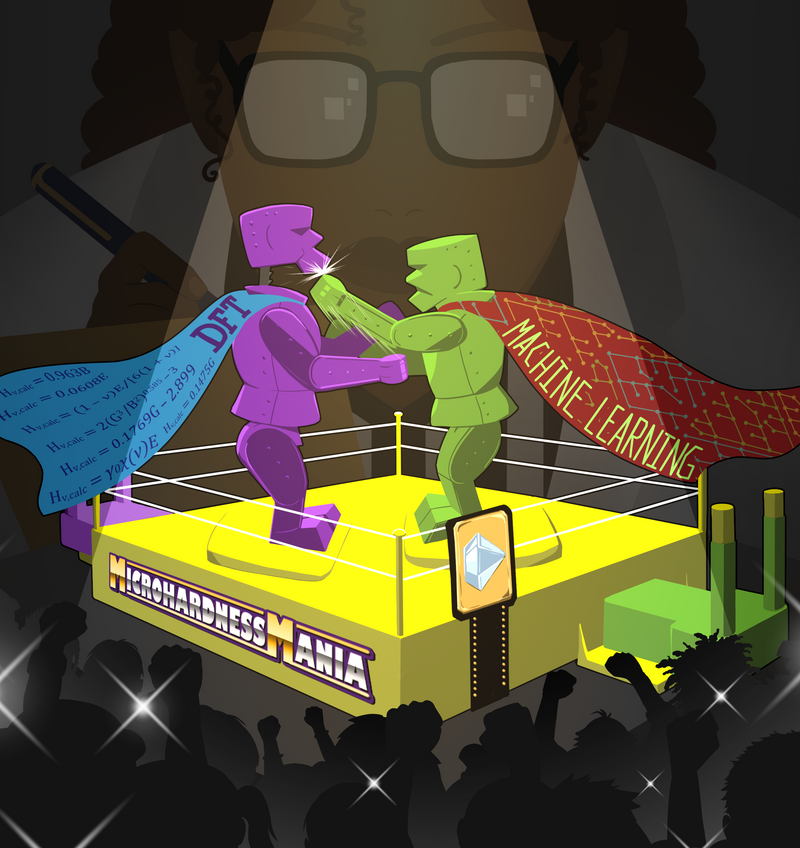 A scientist observes two toy robots labeled 'DFT' and 'Machine Learning' fight in a boxing ring.