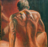  A reddish-orange and green painting of a man's back - his reflection is barely visible in a mirror on the left side.