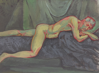 A painting of a man lying down on sheets.