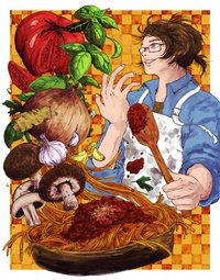 A drawing of a person cooking spaghetti. Ingredients are drawn in detail on the side.