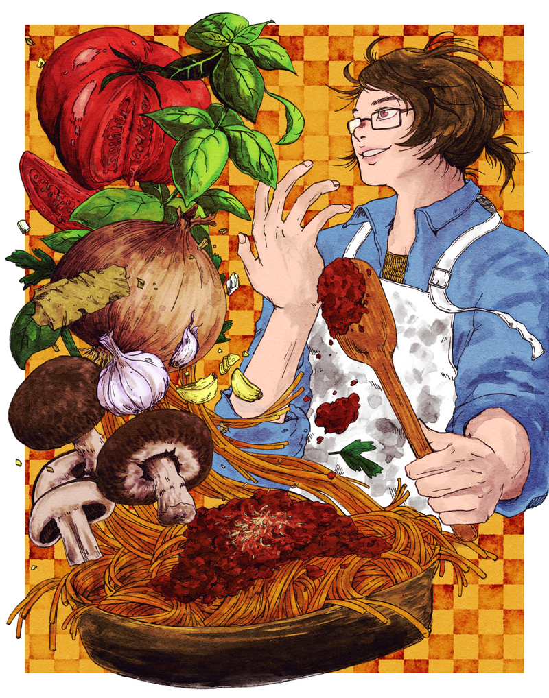 A drawing of a person cooking spaghetti. Ingredients are drawn in detail on the side.