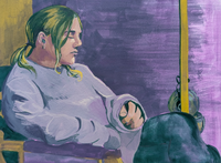 A profile painting of a person with eyes closed, sitting. The colors are primarily purple and deep green.