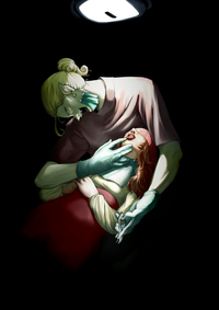 A digital painting of a vampiric dentist cradling his patient's head as she lays in his chair.
