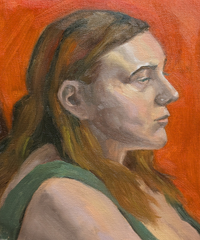 A painting of a woman in a green shirt facing right. The background is orange.