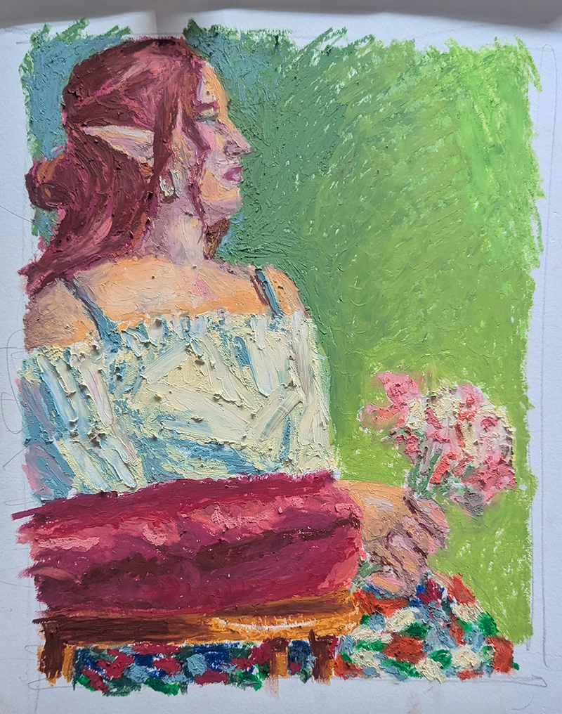 A oil pastel drawing of a woman in elf ears holding a bouquet.