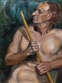 A painting of a man holding a pole, facing left.