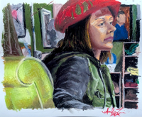 A drawing of a woman in a red hat looking to the right.