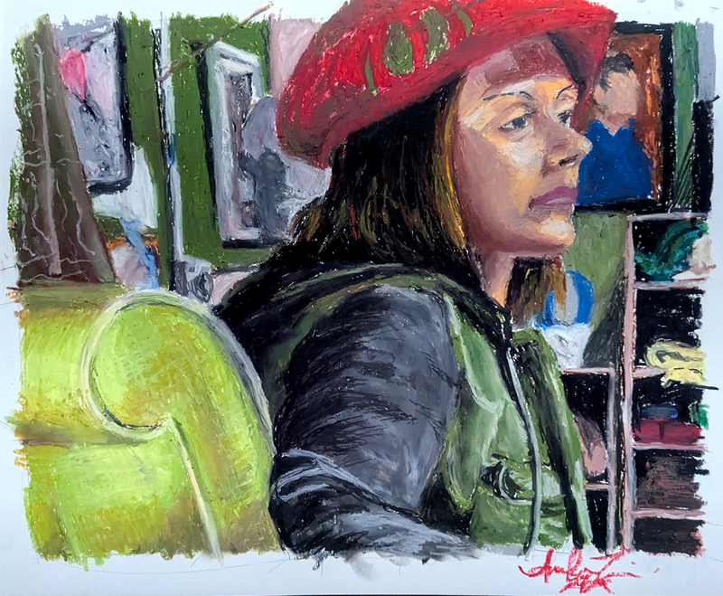 A drawing of a woman in a red hat looking to the right.