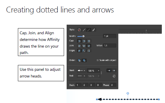 Affinity's interface for adjusting the style of line strokes.